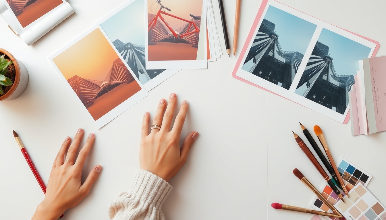 포스터 디자인 - flat lay of colorful poster design samples, design tools and color swatches on white desk, poster design concept