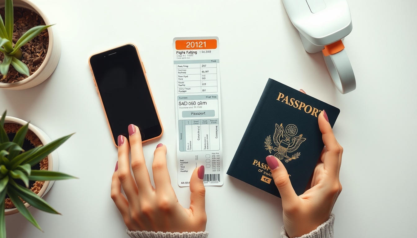 항공권싼요일 - flat lay of passport, airplane ticket, and smartphone on white desk, cheap flight booking concept