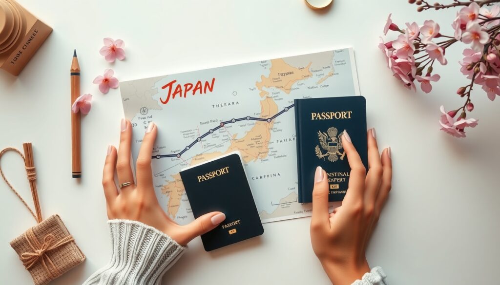 일본 여행 직장인 3박4일 일정 추천 - flat lay of Japan travel essentials including map passport and cherry blossom on white desk, 3 nights 4 days itinerary concept