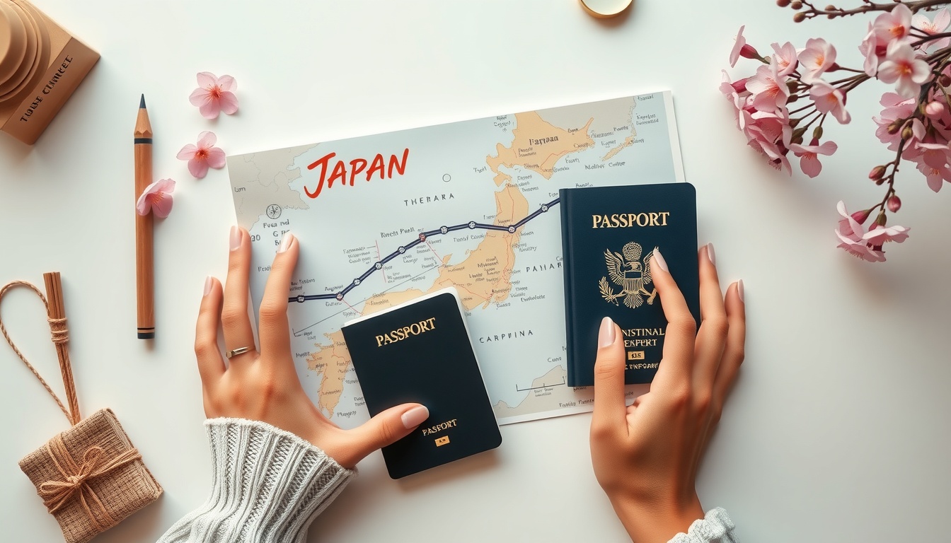 일본 여행 직장인 3박4일 일정 추천 - flat lay of Japan travel essentials including map passport and cherry blossom on white desk, 3 nights 4 days itinerary concept