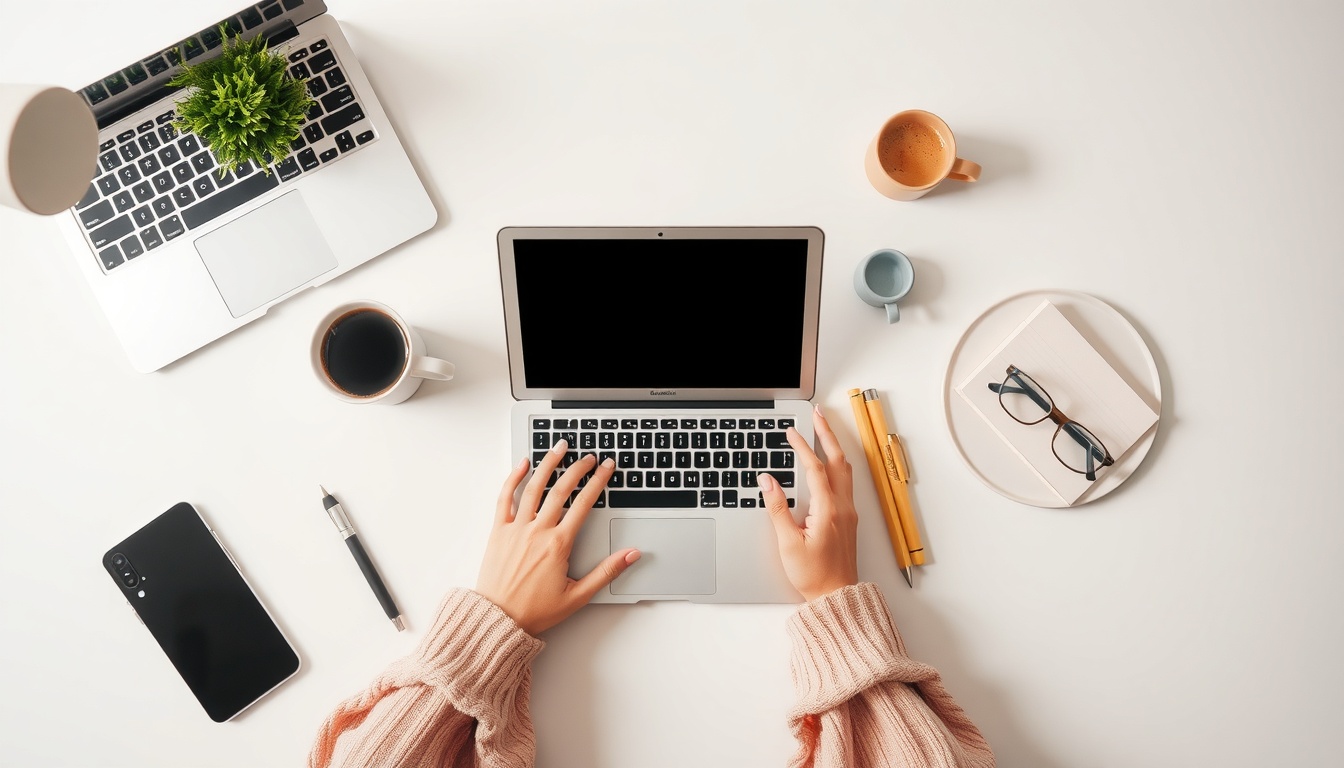 노트북 추천 - flat lay of modern laptops on white desk with coffee cup and notebook, laptop recommendation concept 2026