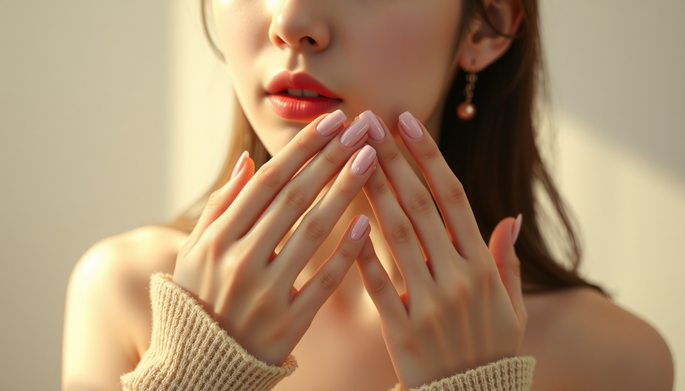 네일 아트 - Korean woman upper body shot with face visible, showing beautiful nail art on hands with natural lighting, with face visible and natural hands