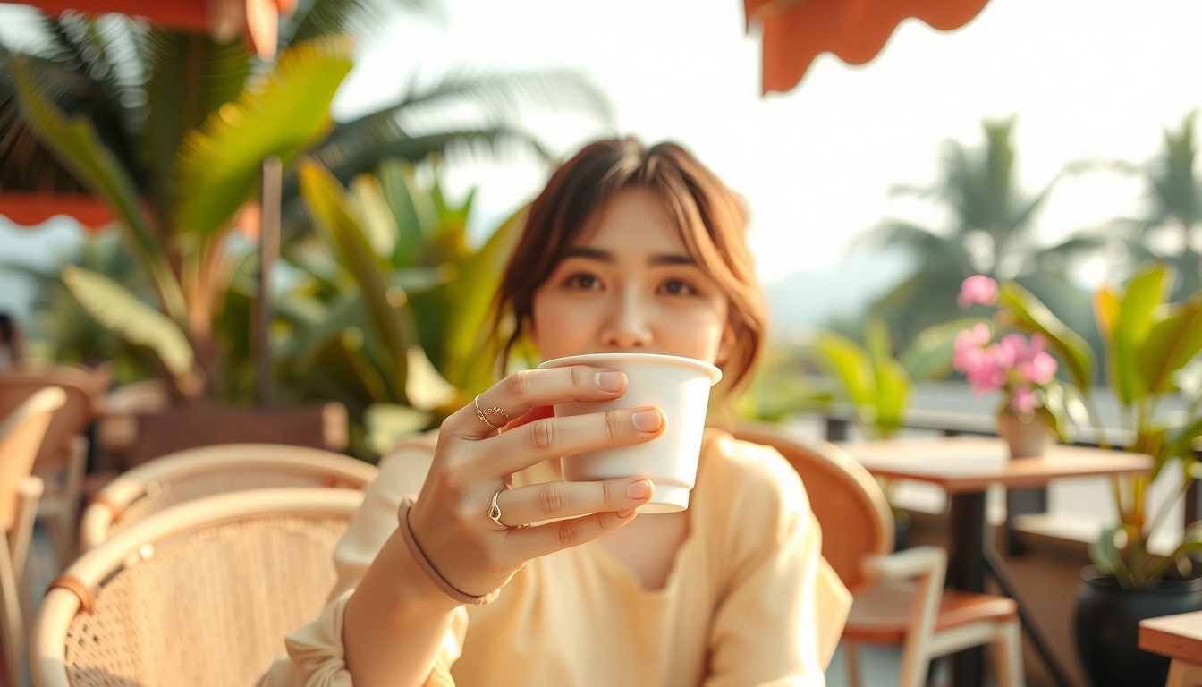 1박2일 해외여행 - Korean woman upper body shot with face visible, sitting at outdoor cafe in Da Nang Vietnam, holding coffee cup, natural hands, tropical background