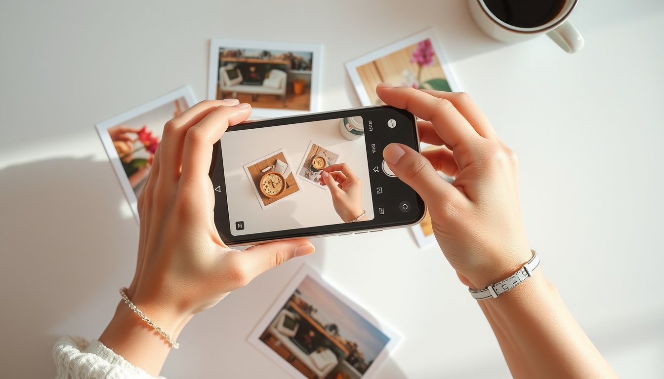 사진 보정 - flat lay of smartphone with photo editing app open, colorful aesthetic photos scattered around, bright natural lighting, photo editing concept