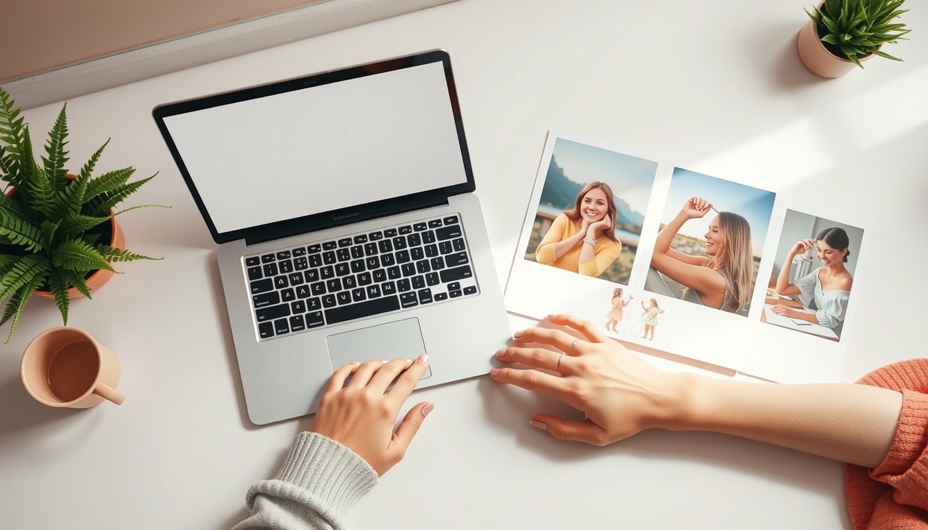 무료 이미지 사이트 - flat lay of laptop and design mood board with colorful photos on white desk, free image site concept