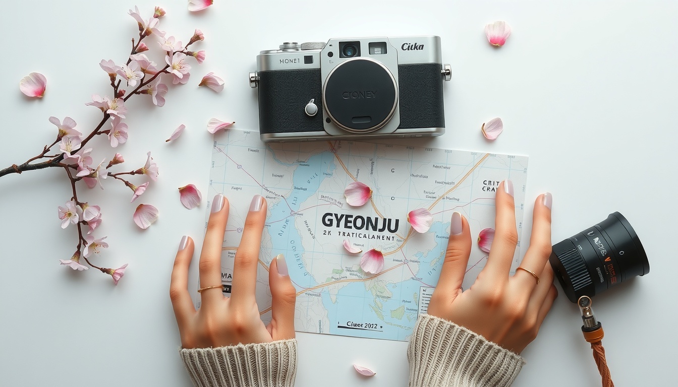 경주 여행 - flat lay of travel map, cherry blossom petals and camera on white desk, Gyeongju travel planning concept