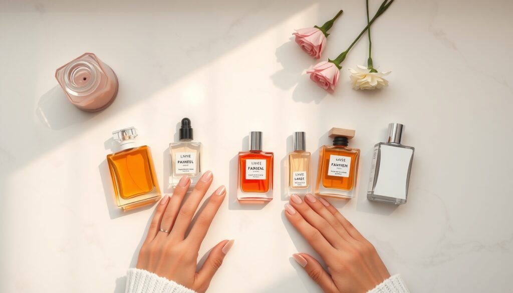 향수 추천 - flat lay of 7 perfume bottles on white marble surface, elegant and feminine, fragrance recommendation concept