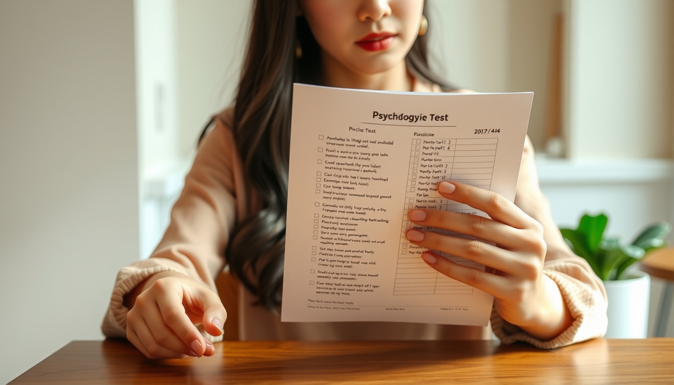TCI기질검사 - Korean woman upper body shot with face visible, reading psychology test result report at cozy cafe table, natural hands, soft warm lighting