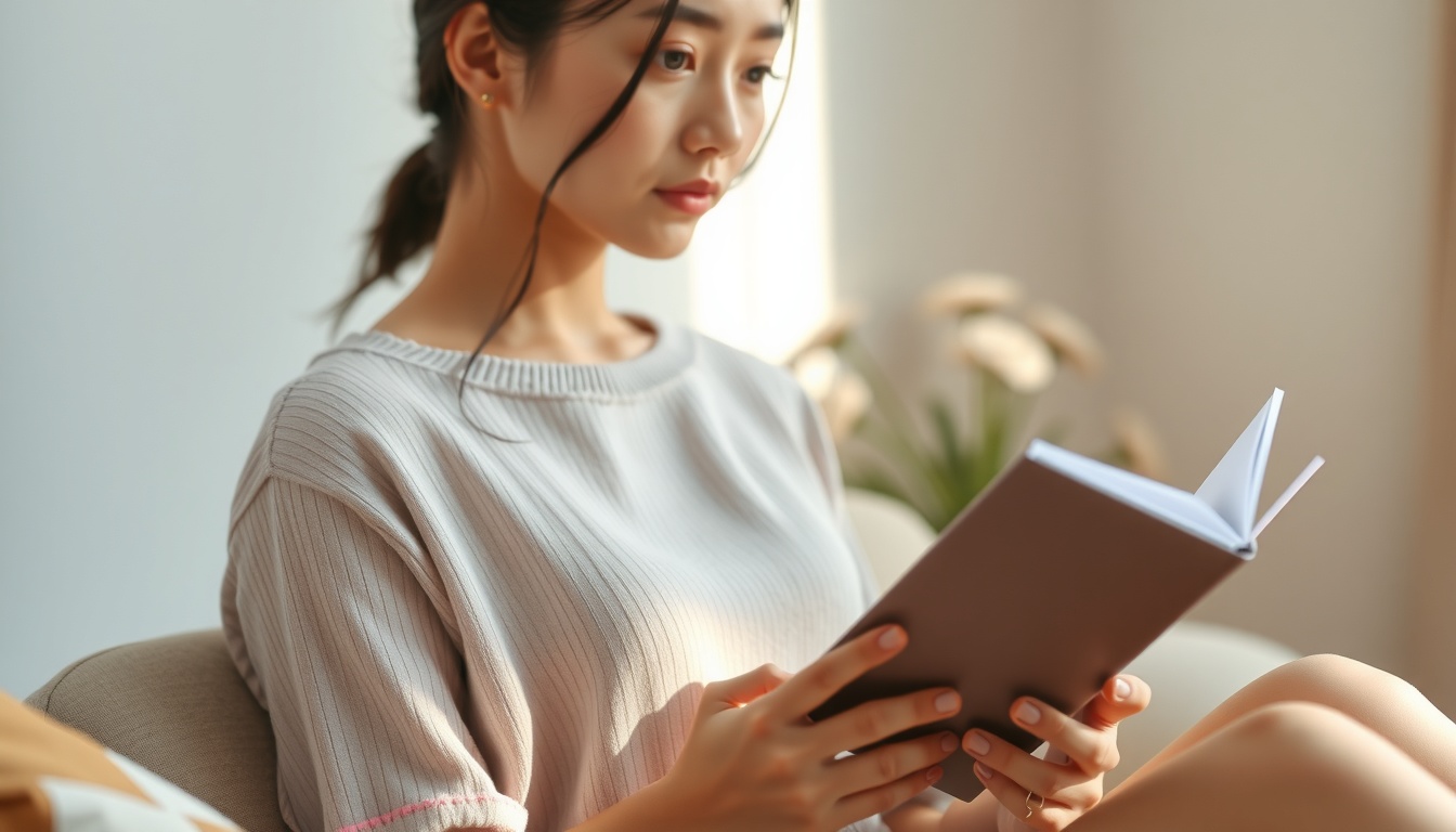 성인애착유형검사 - Korean woman upper body shot with face visible, looking thoughtfully at notebook in cozy room, adult attachment style self-reflection