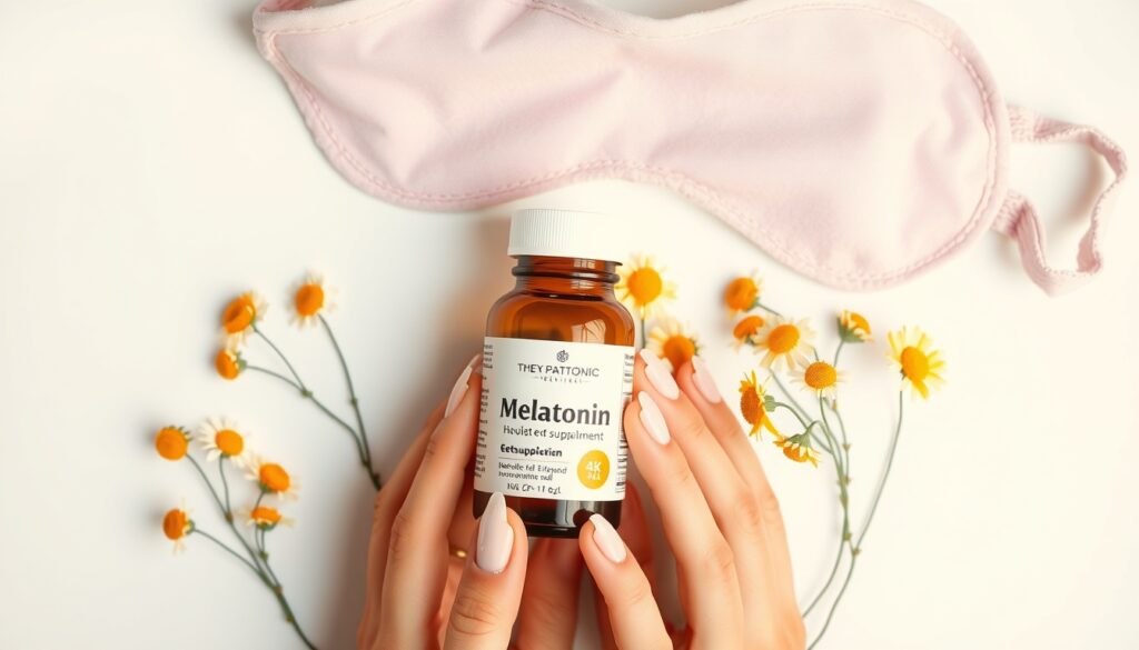 메라토닉 - flat lay of melatonin supplement bottle with chamomile flowers and sleep mask on white background, meratonic sleep health concept