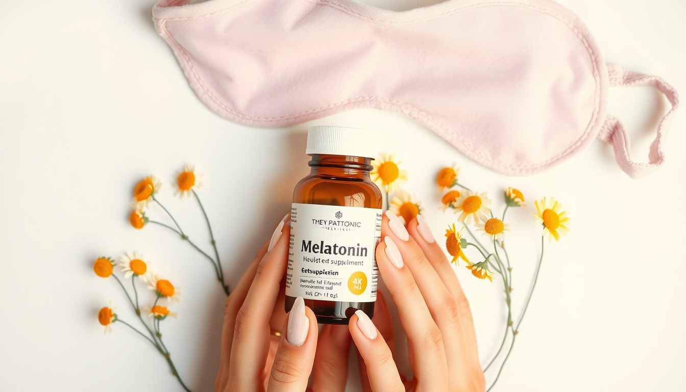 메라토닉 - flat lay of melatonin supplement bottle with chamomile flowers and sleep mask on white background, meratonic sleep health concept