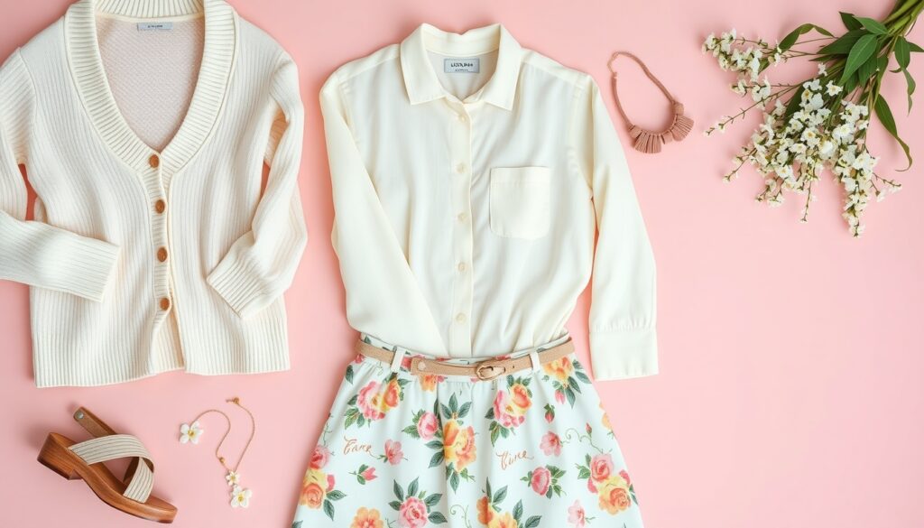 봄 코디 - flat lay of spring fashion items including pastel cardigan, white linen blouse, floral skirt and accessories on soft pink background, spring outfit concept