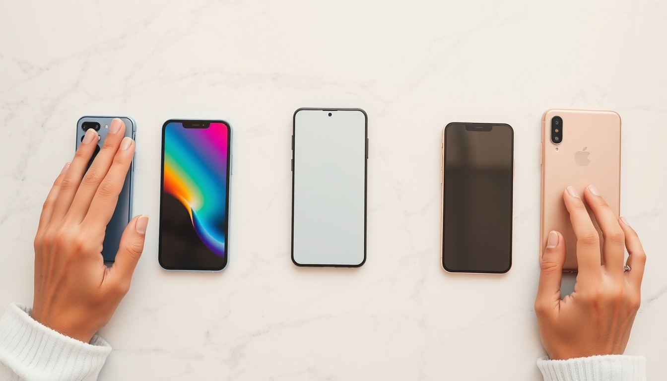 핸드폰 추천 - flat lay of five different smartphones arranged neatly on white marble table, smartphone recommendation TOP 5 concept