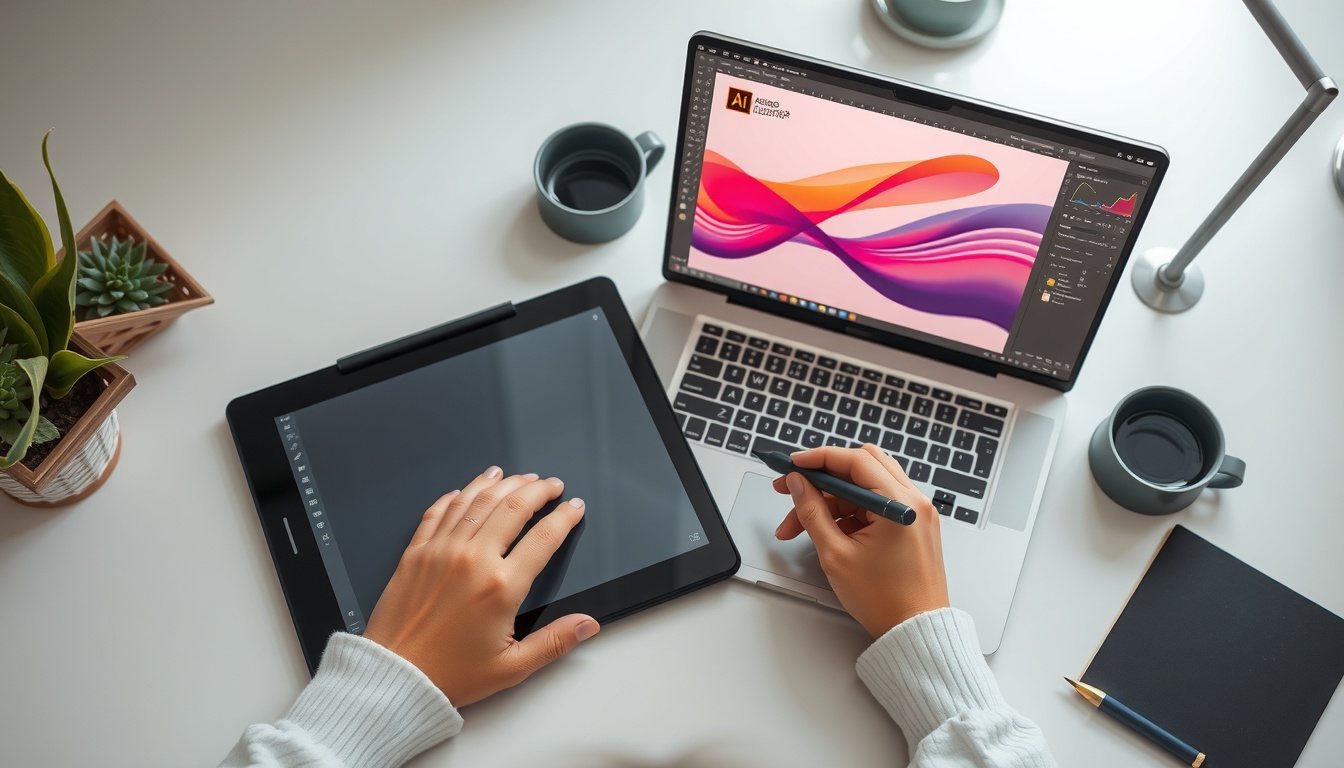 일러스트레이터 - flat lay of graphic tablet, stylus pen, and laptop showing Adobe Illustrator interface on white desk, illustrator beginner setup