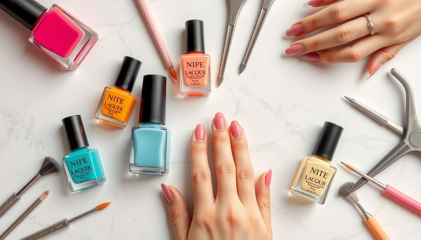 네일 아트 - flat lay of colorful nail polish bottles and nail art tools arranged on white marble background, 2026 nail art trend concept