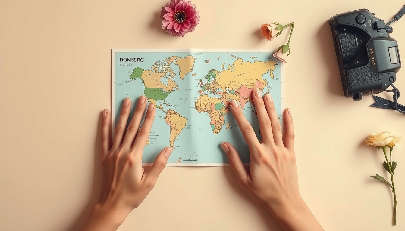 국내 여행지 추천 여행 - flat lay of travel essentials including map, camera, and flowers on pastel background, domestic travel destination recommendation concept