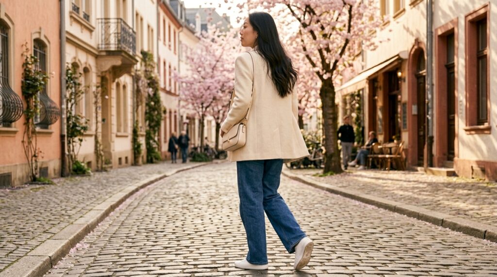 Woman walking spring street 202605071829