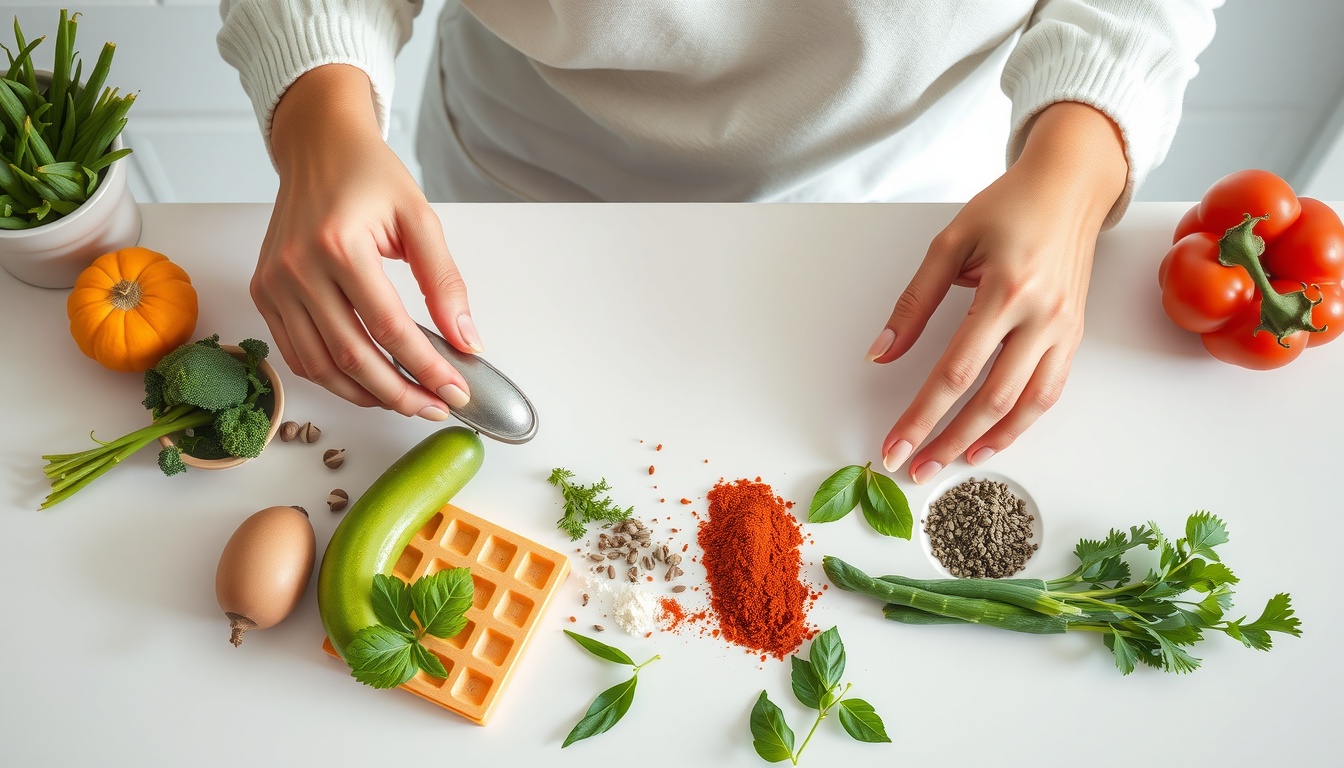 요리 레시피 - flat lay of fresh cooking ingredients including vegetables and spices on white kitchen counter, home cooking recipe concept