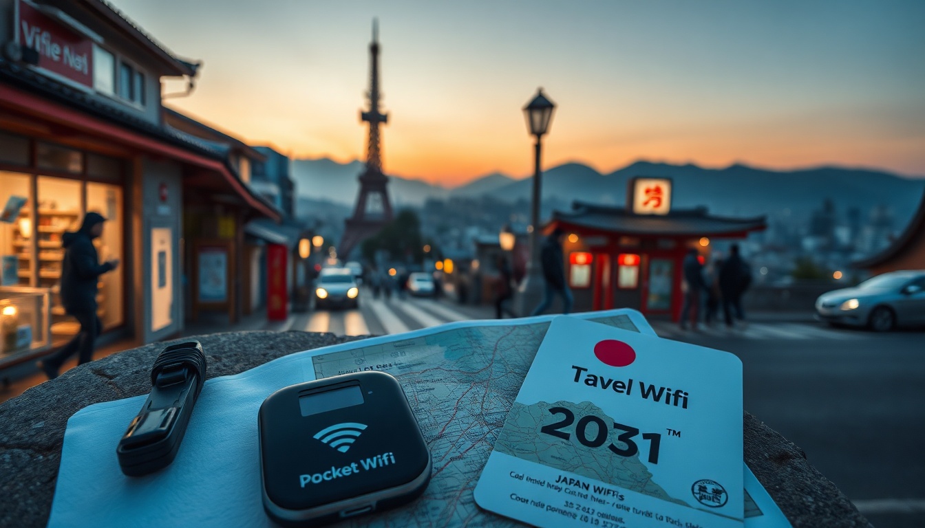일본 여행 혼자 가는 여성 안전 팁 - flat lay of Japan travel essentials including pocket wifi, IC card, map, and small handbag on white background, female solo travel in Japan