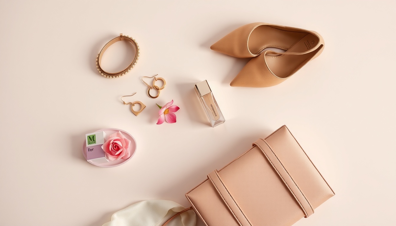 체형별 코디 - flat lay of fashion accessories including belt, earrings, shoes and handbag on pastel background, body type styling accessories concept