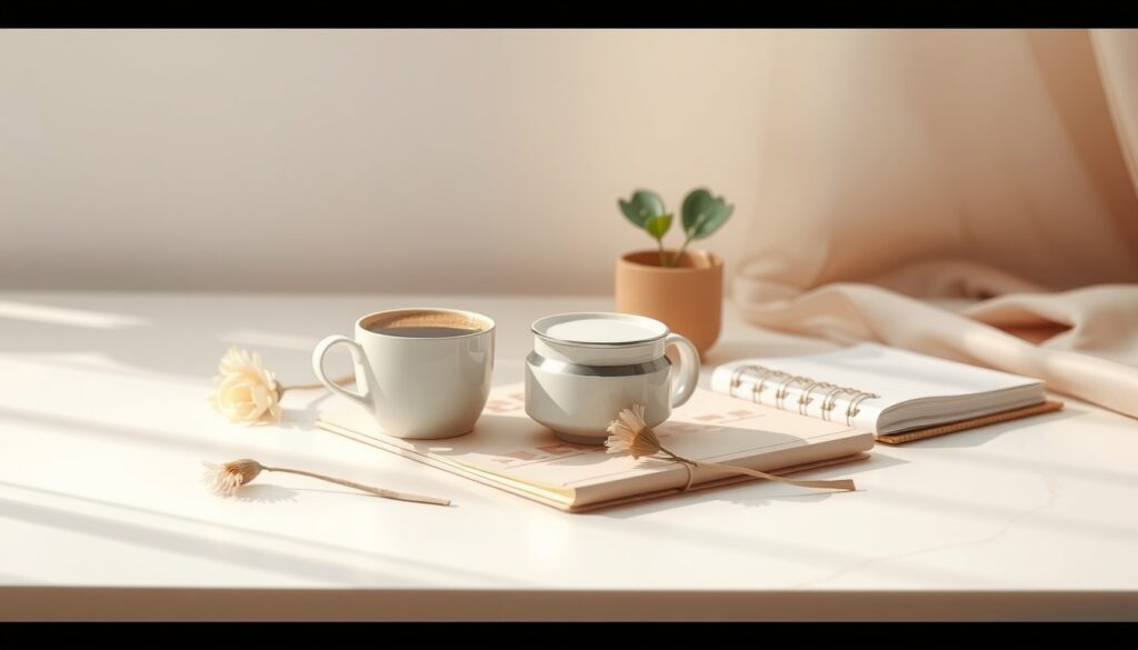 홈카페 꾸미기 - flat lay of cozy home cafe setup with coffee cup, small plant, notebook and wooden tray on white marble table, home cafe decorating concept