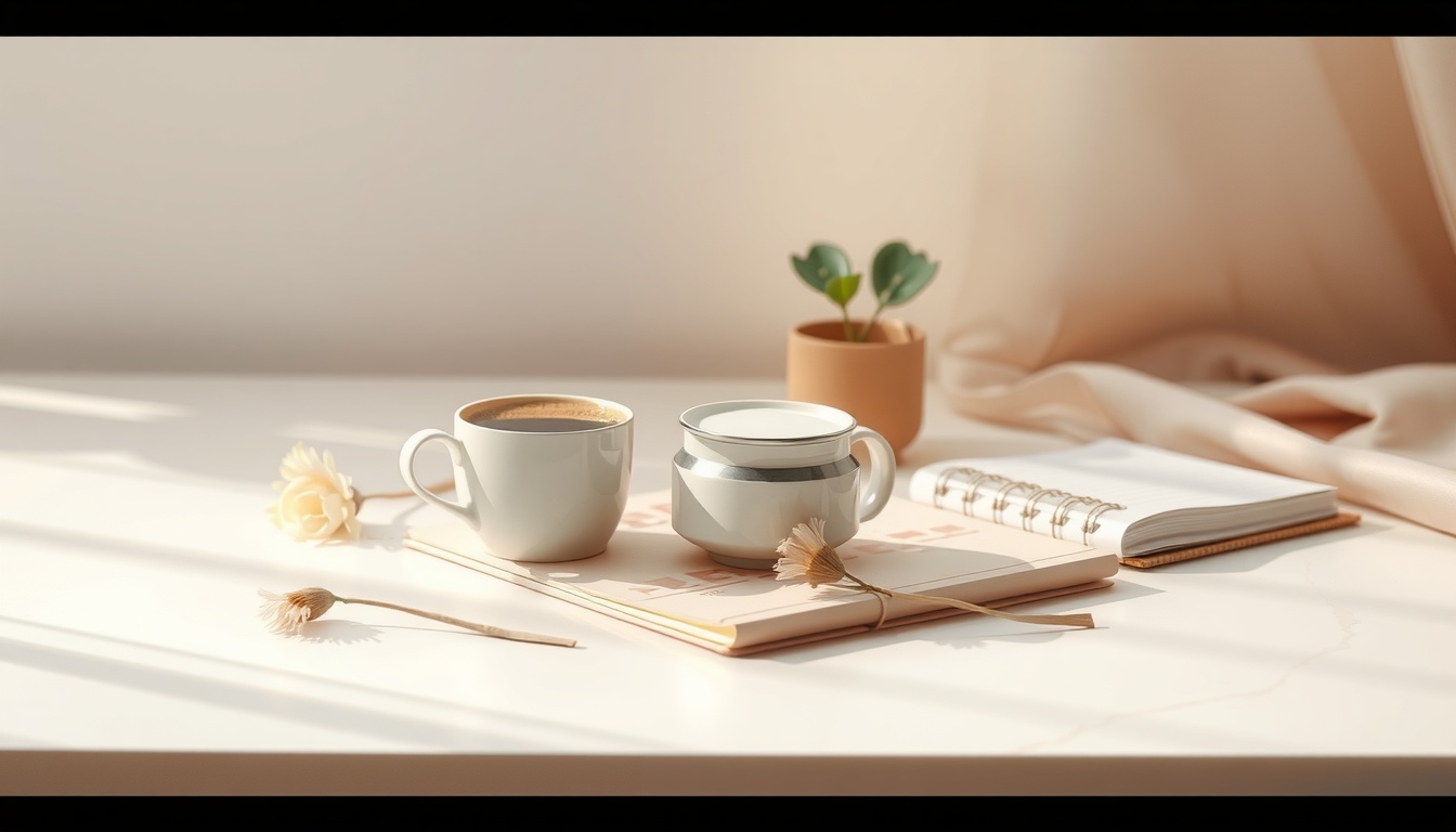 홈카페 꾸미기 - flat lay of cozy home cafe setup with coffee cup, small plant, notebook and wooden tray on white marble table, home cafe decorating concept