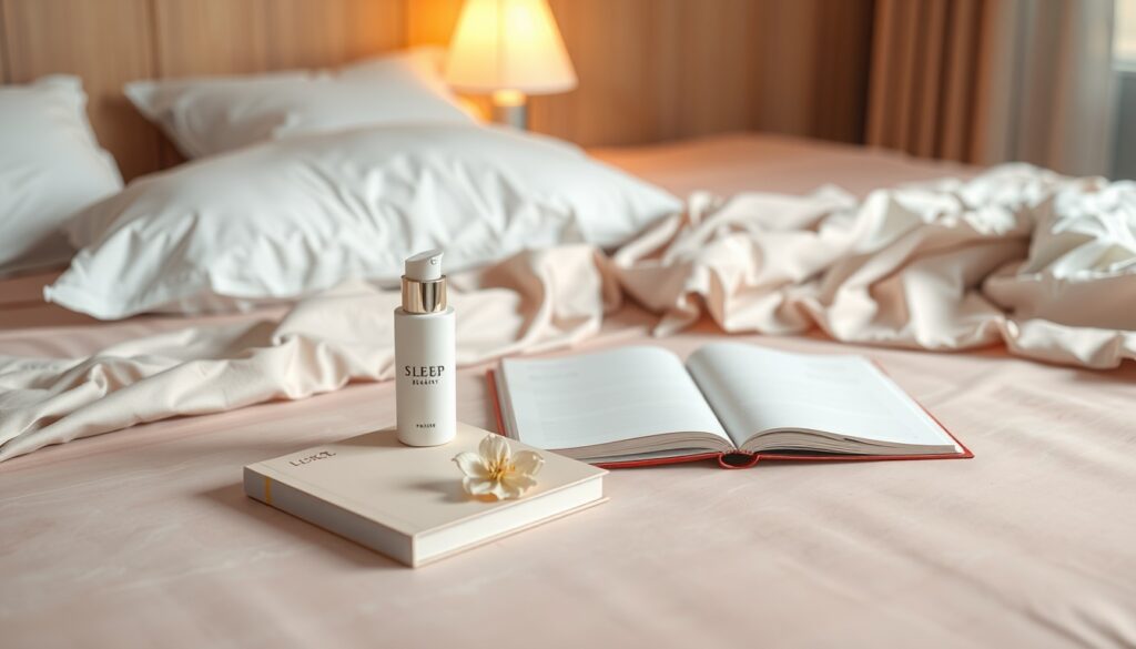 수면 개선 방법 - flat lay of cozy bedroom with warm lamp, white pillow, and sleep journal on wooden desk, sleep improvement concept