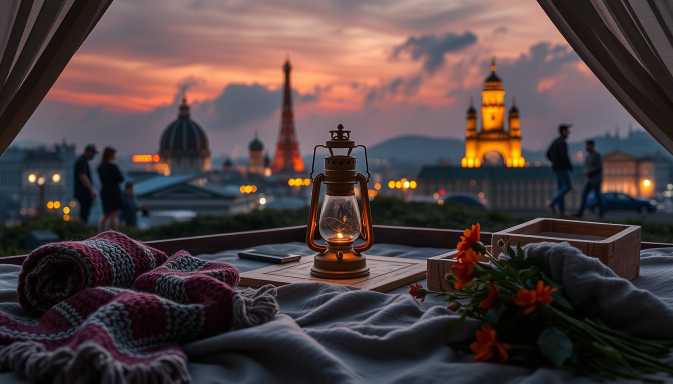 글램핑 추천 - flat lay of glamping essentials including lantern, cozy blanket, and wildflowers on wooden table, glamping recommendation concept