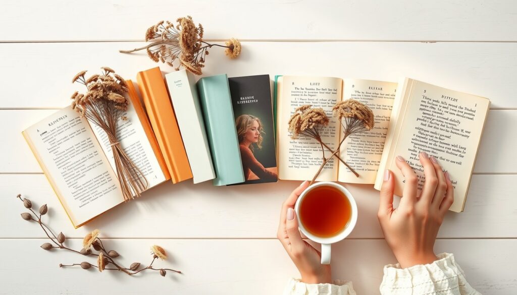 독서 추천 - flat lay of 7 beautiful books with dried flowers and a cup of tea on white wooden desk, reading recommendation concept