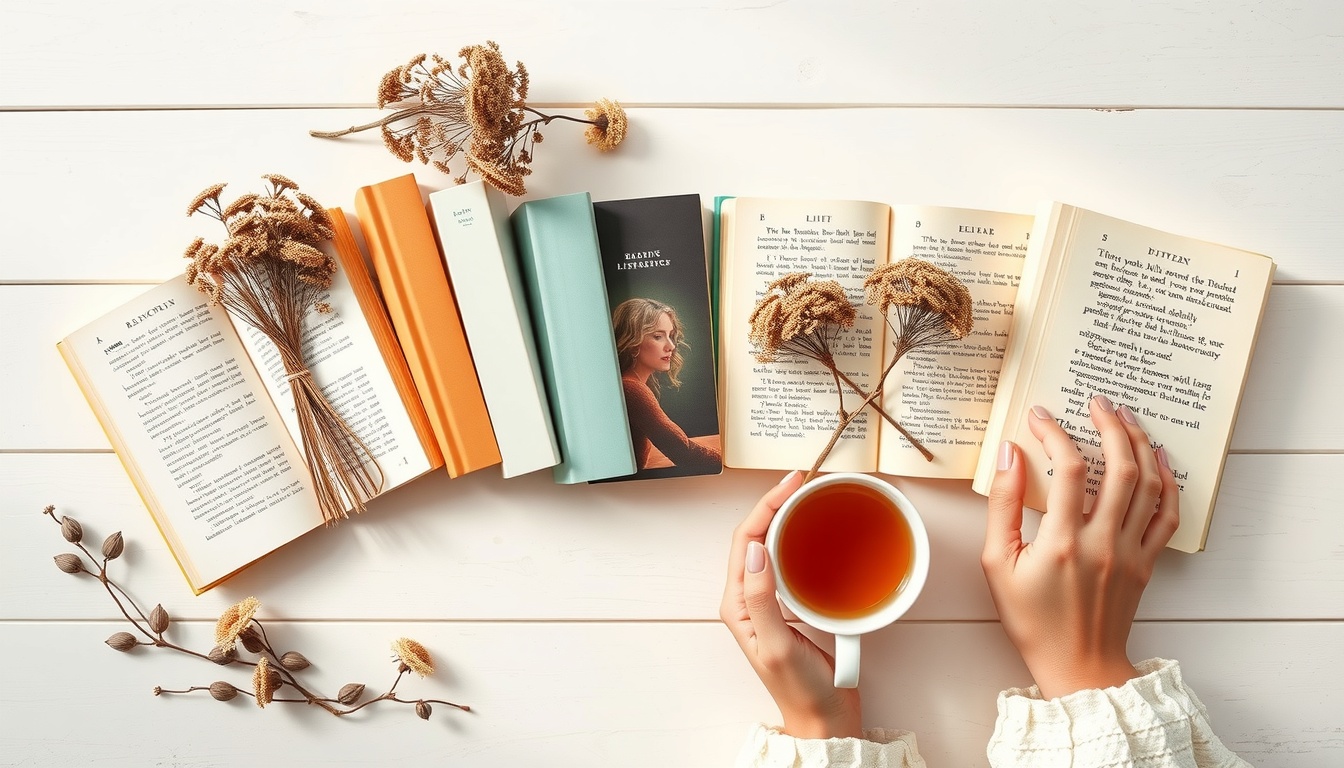 독서 추천 - flat lay of 7 beautiful books with dried flowers and a cup of tea on white wooden desk, reading recommendation concept