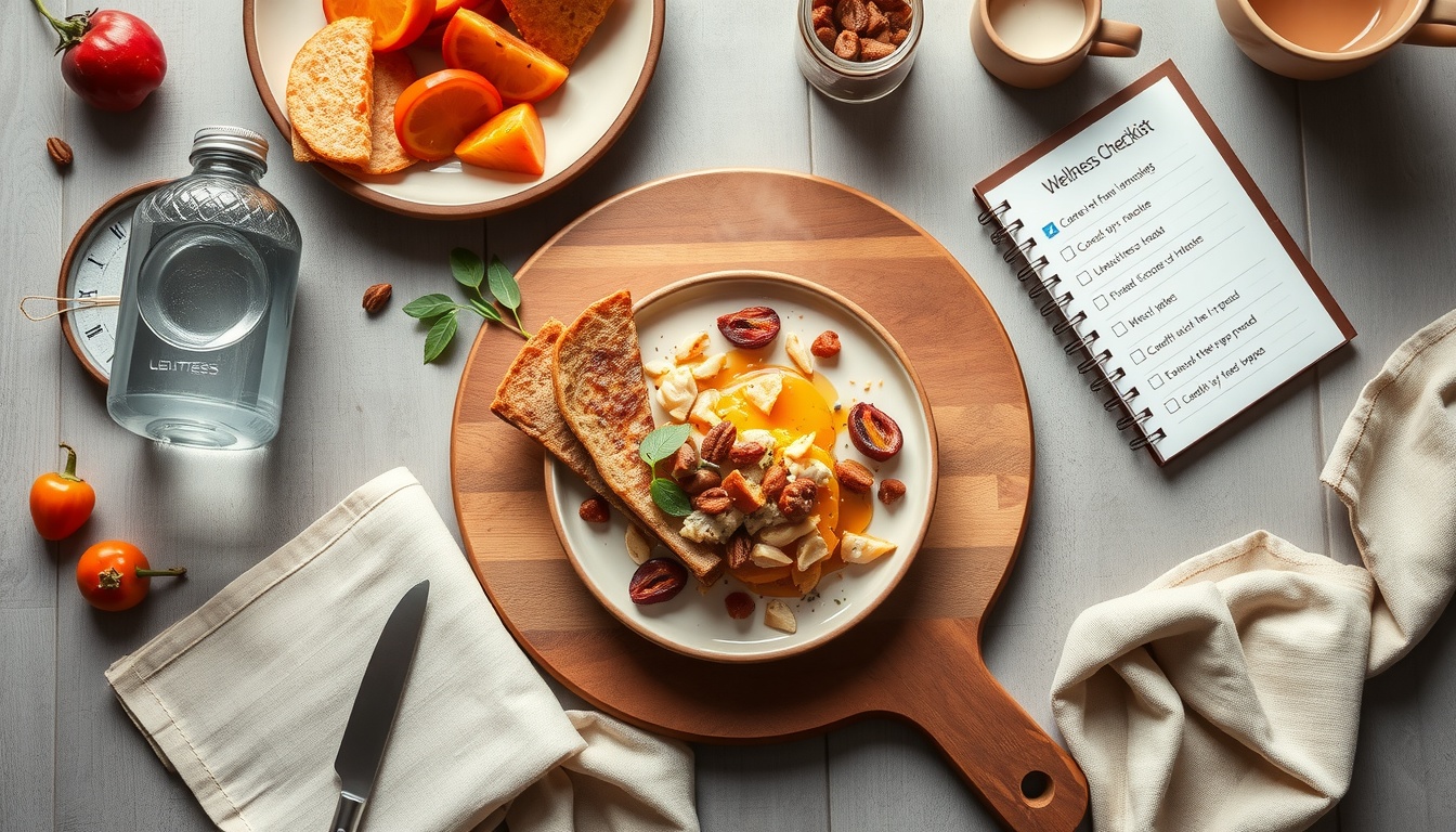 건강 관리 팁 - flat lay of healthy food, water bottle, and notebook with wellness checklist on white background, healthy lifestyle management tips concept