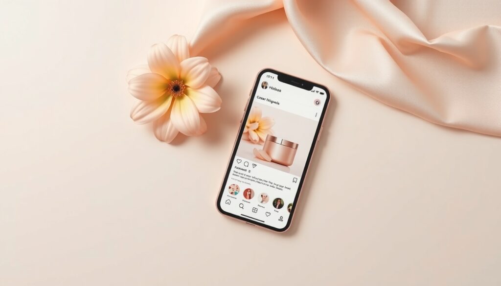 SNS 디자인 템플릿 - flat lay of smartphone showing Instagram feed with aesthetic SNS design templates on pastel background