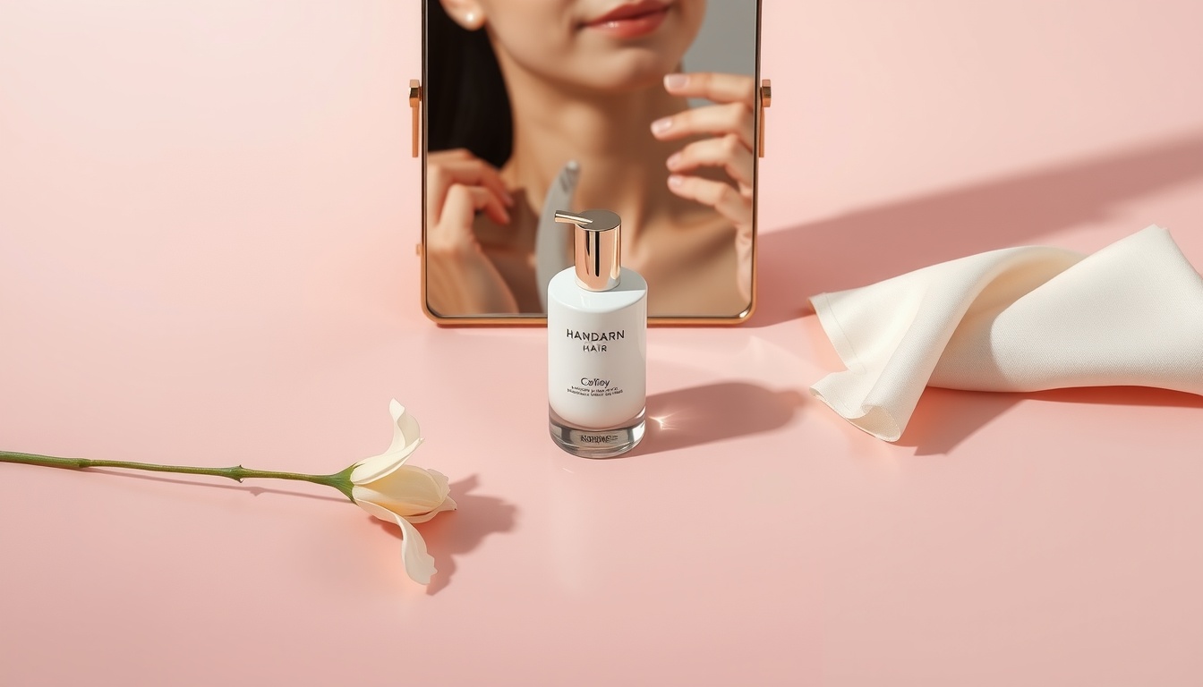 파마 망했을때 재시술 - upper body shot of Korean woman with face visible, checking perm hair in mirror with satisfied expression, hair care and perm retouch concept