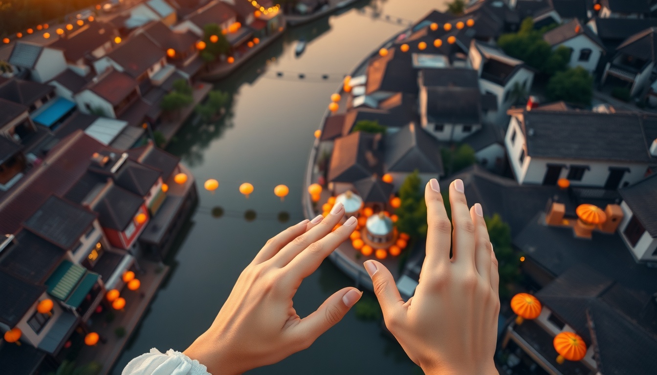 베트남 여행 - aerial view of Hoi An ancient town Vietnam with lanterns and river at golden hour, travel destination concept