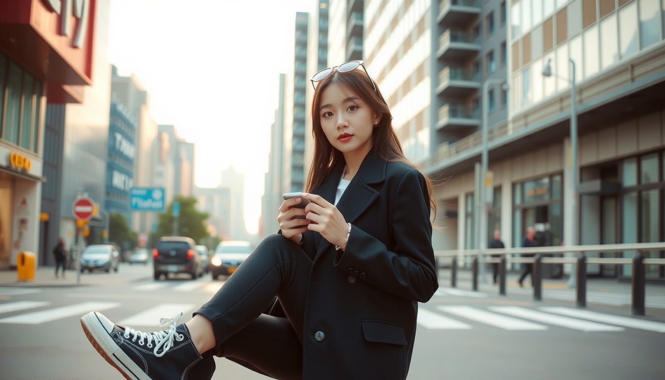 신발 추천 - Korean woman full body shot with face visible, stylish outfit with trendy shoes, modern city background natural pose