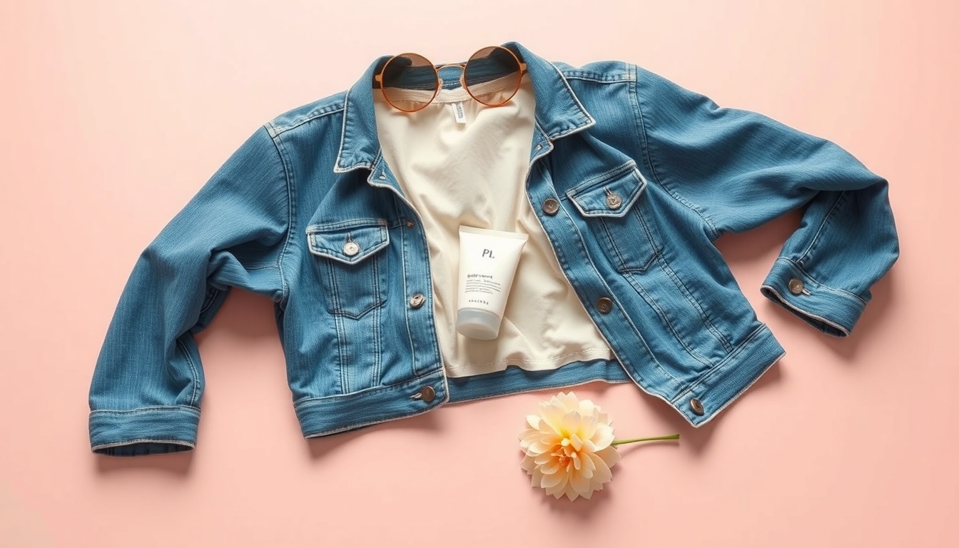 빈티지 패션 - flat lay of vintage fashion items including denim jacket, retro sunglasses, and silk scarf on beige background, overhead view