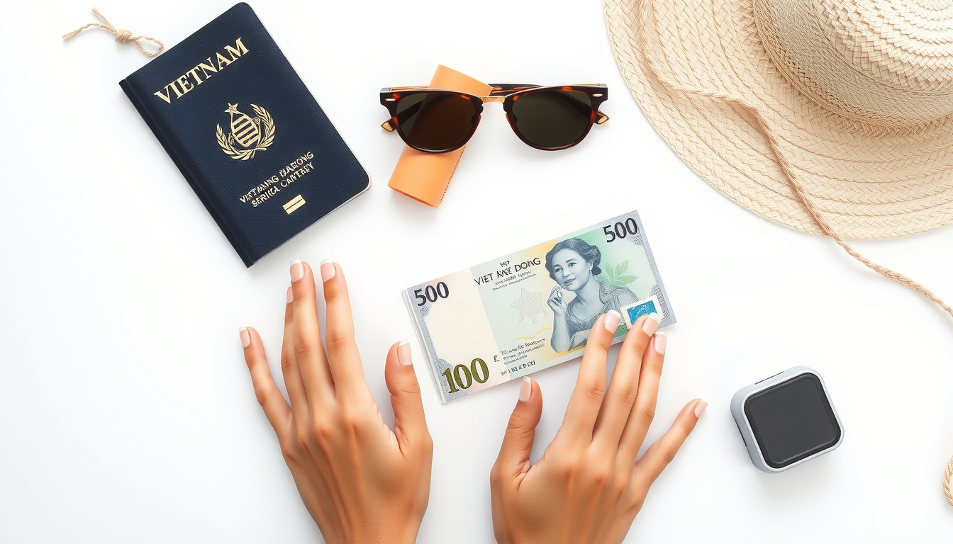 베트남 여행 - flat lay of Vietnam travel essentials passport sunscreen hat and Vietnamese dong currency on white background