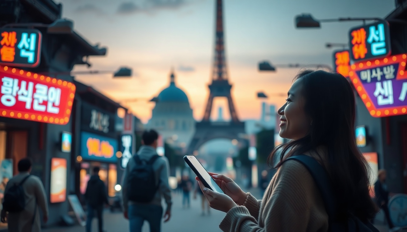 땡처리투어 - Korean woman upper body shot with face visible, smiling while browsing travel website on smartphone, natural hands, budget tour booking