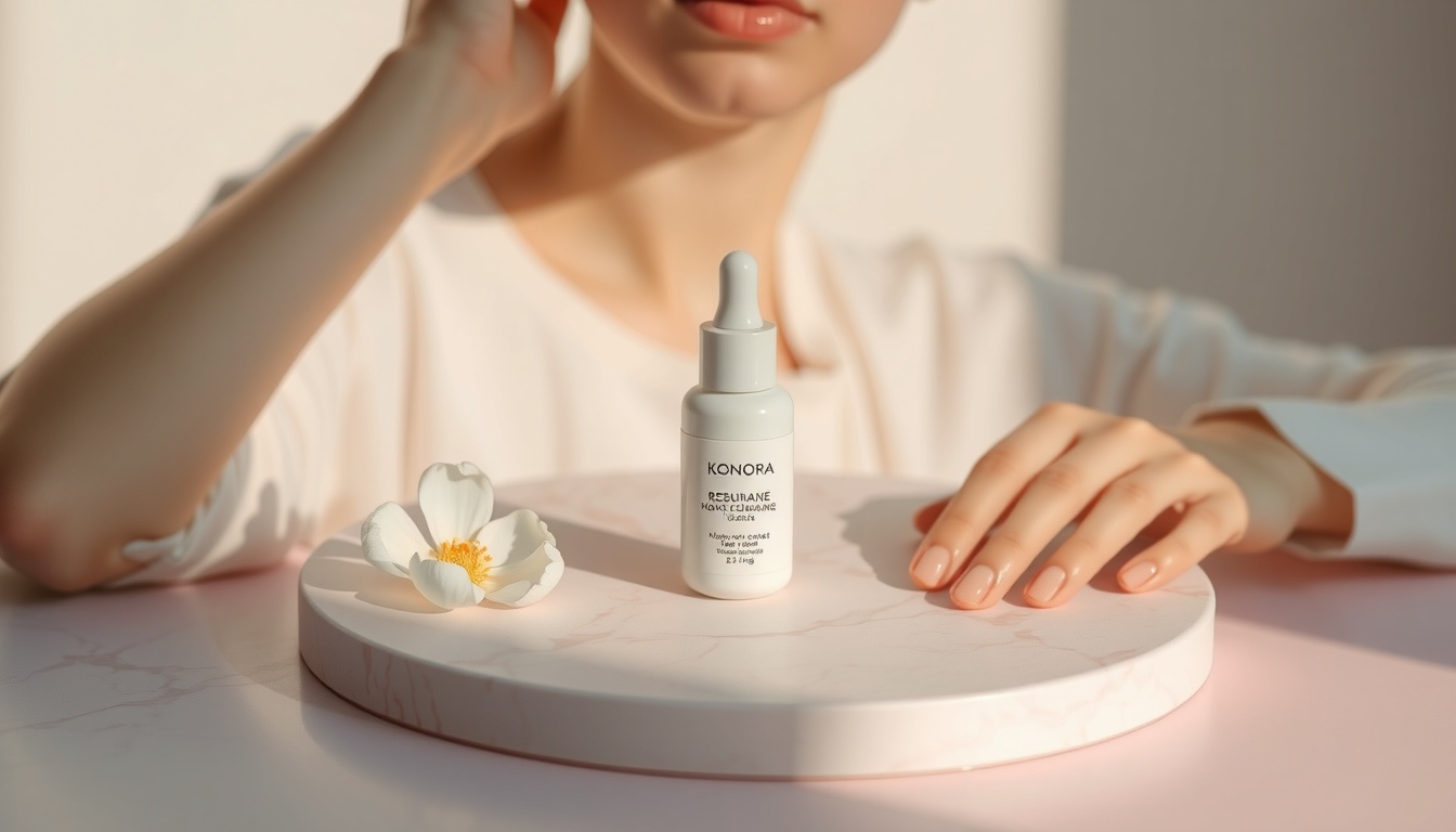스킨케어 루틴 - Korean woman upper body shot with face visible, applying skincare routine products in front of mirror with soft morning light, natural hands, peaceful expression