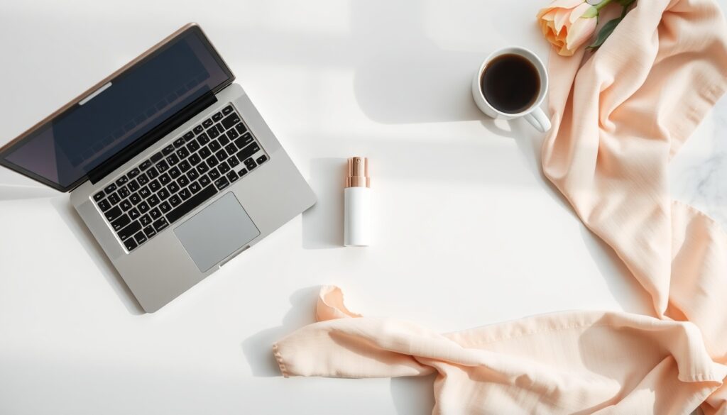 목업 디자인 - flat lay of design mockup templates on white desk with laptop and coffee cup, modern mockup design concept