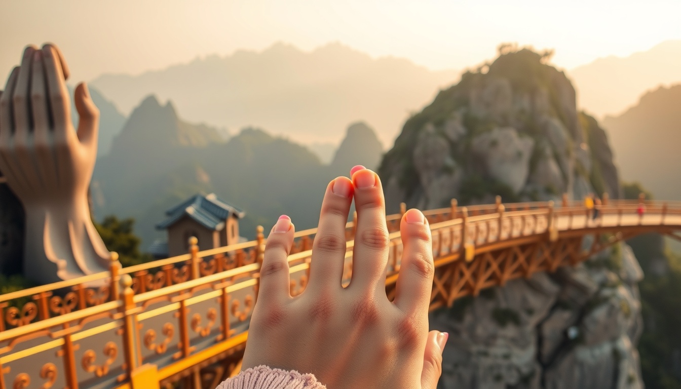 다낭 여행 - Golden Bridge at Ba Na Hills Da Nang Vietnam with giant stone hands and misty mountains in background