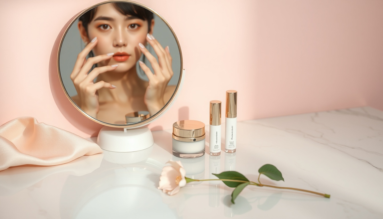 메이크업 추천 - Korean woman upper body shot with face visible, applying makeup in front of mirror with various cosmetics, natural hands, bright natural lighting