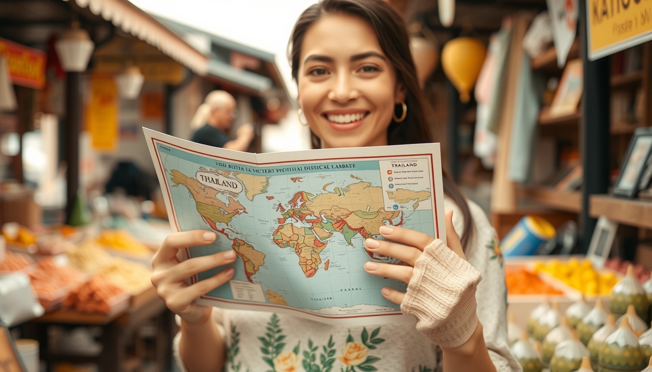 태국 여행 - woman upper body shot with face visible, holding travel map and smiling at street market in Thailand, natural hands