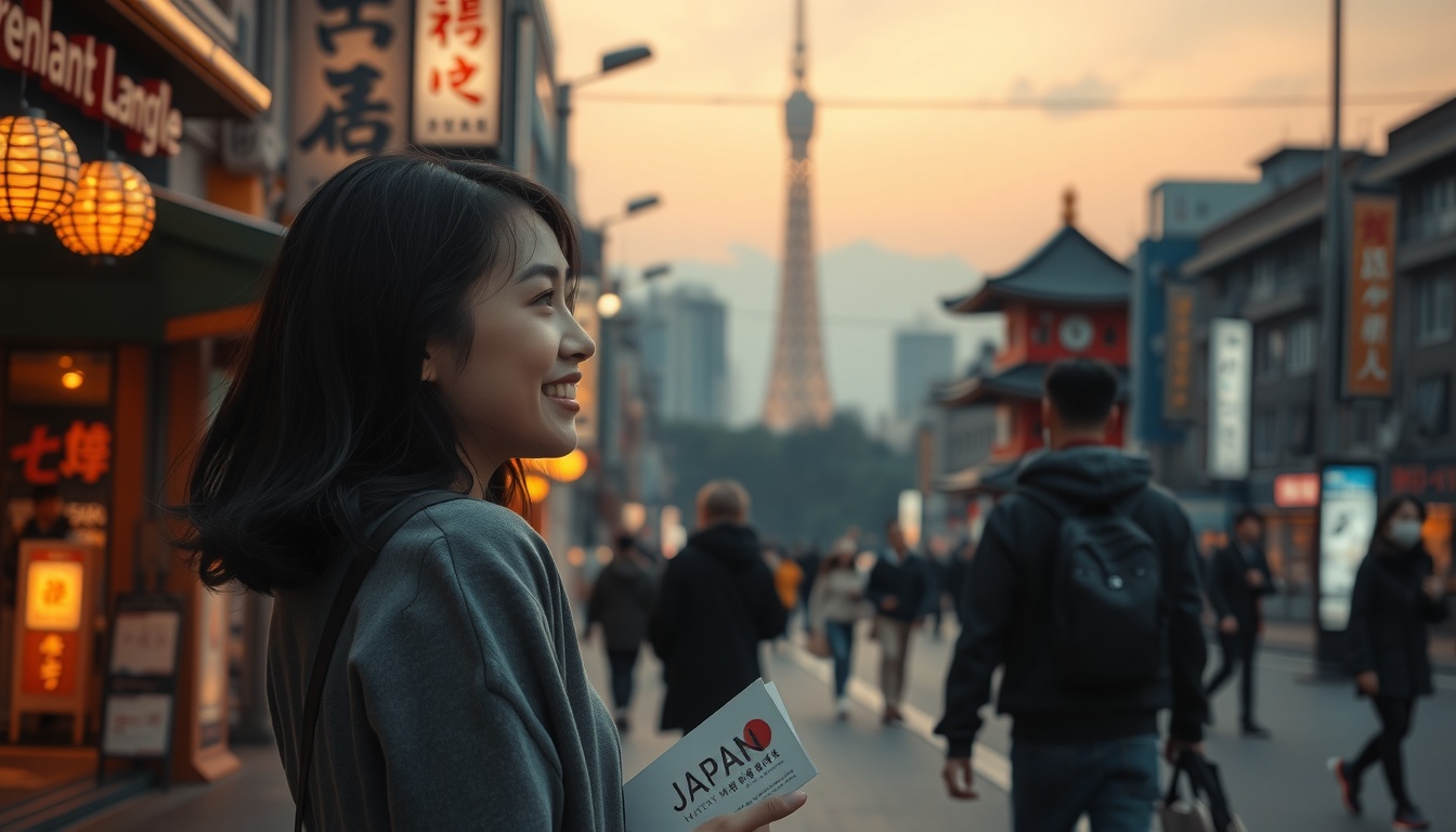 일본 여행 직장인 3박4일 일정 추천 - upper body shot of Korean woman with face visible, smiling and holding Japan travel guide book, natural hands, standing in front of temple gate in Kyoto