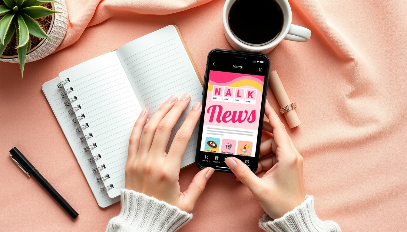 카드뉴스 만들기 - flat lay of smartphone showing colorful card news design on screen, notebook and coffee cup beside it, card news creation concept