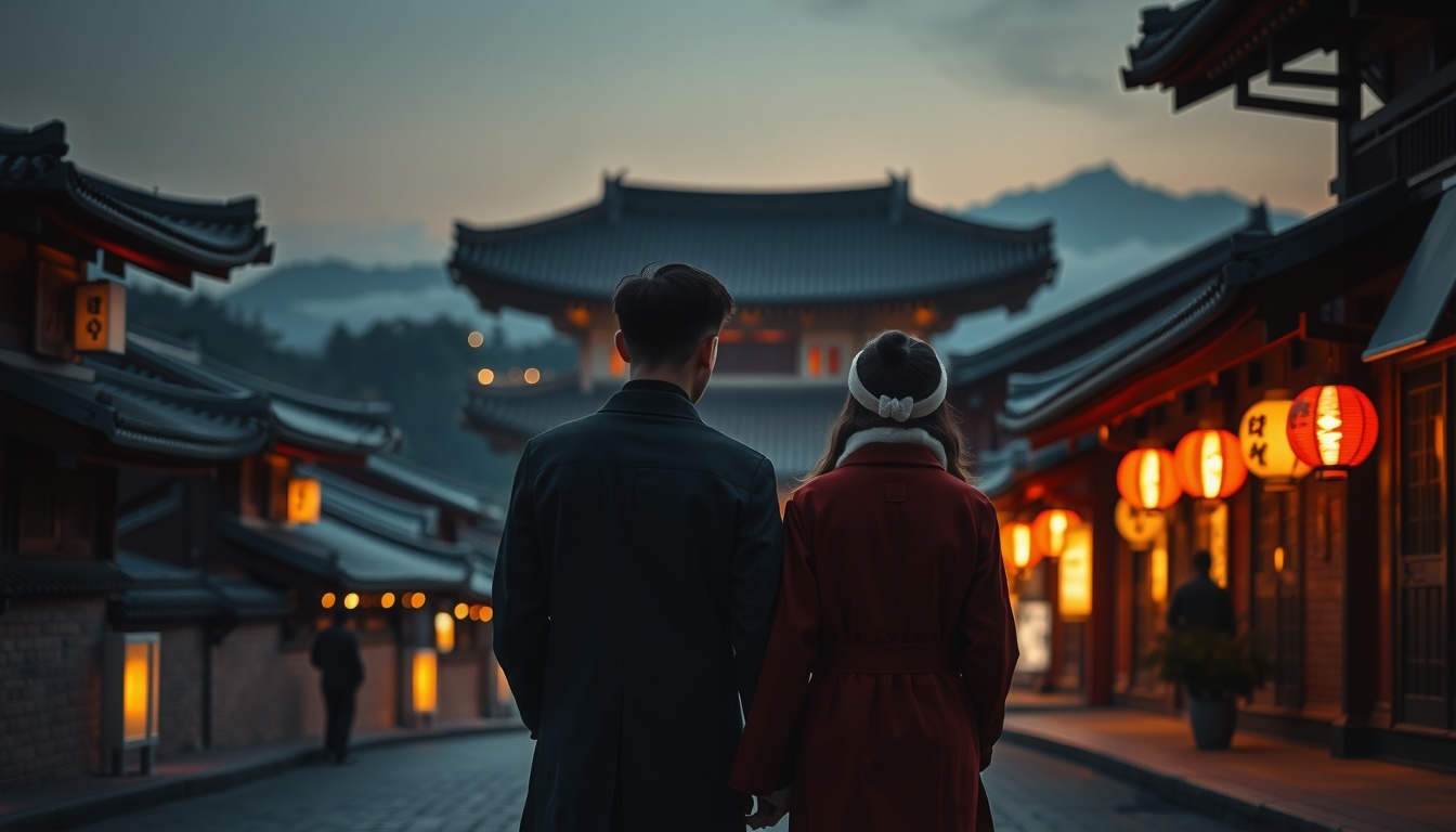 커플 여행 - romantic couple travel in Jeonju Hanok Village, couple wearing traditional Korean hanbok on stone path, full body shot with face visible, warm autumn atmosphere