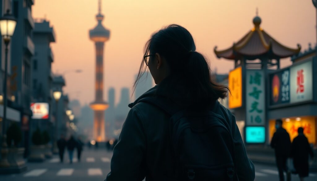 혼자 여행 - Korean woman full body shot with face visible, solo traveler with backpack standing at scenic viewpoint, natural hands holding map