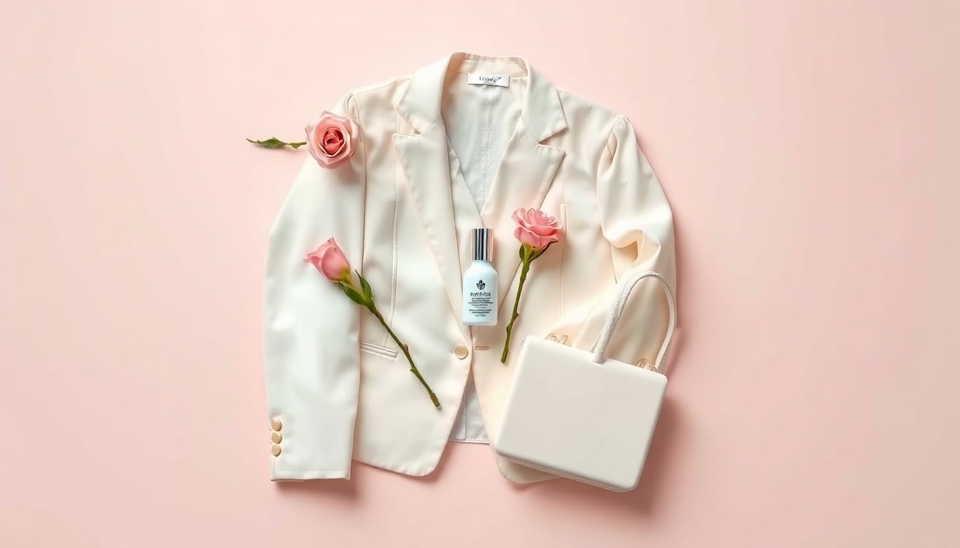 봄 오피스룩 - flat lay of spring office outfit items including pastel blazer, white blouse, and beige slacks on white background, spring fashion styling concept