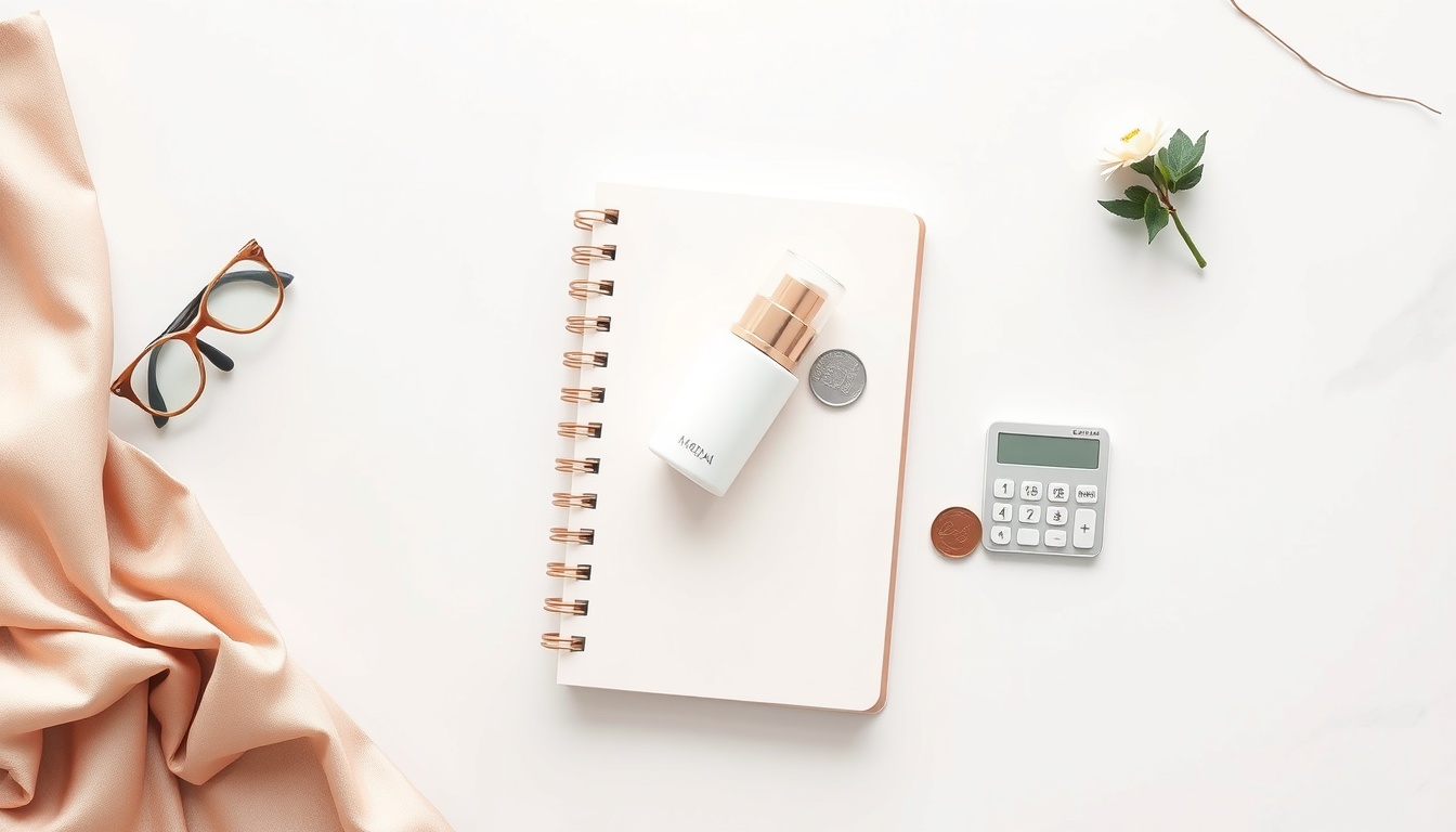 생활비 절약 - flat lay of notebook, coins, calculator and small plant on white desk, lifestyle budget saving concept