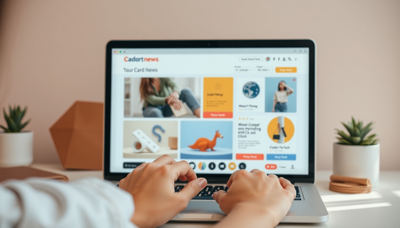 카드뉴스 만들기 - step-by-step card news creation process on laptop screen, colorful design templates visible, modern workspace with natural light